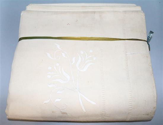 Pair of coarse French Provincial embroidered linen sheets